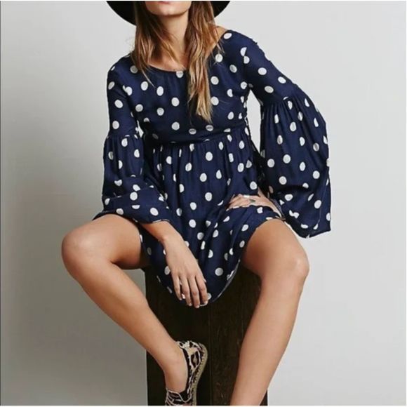Free People Polka Dot Mini Dress with bell sleeves Navy and white sz xs - Picture 1 of 10
